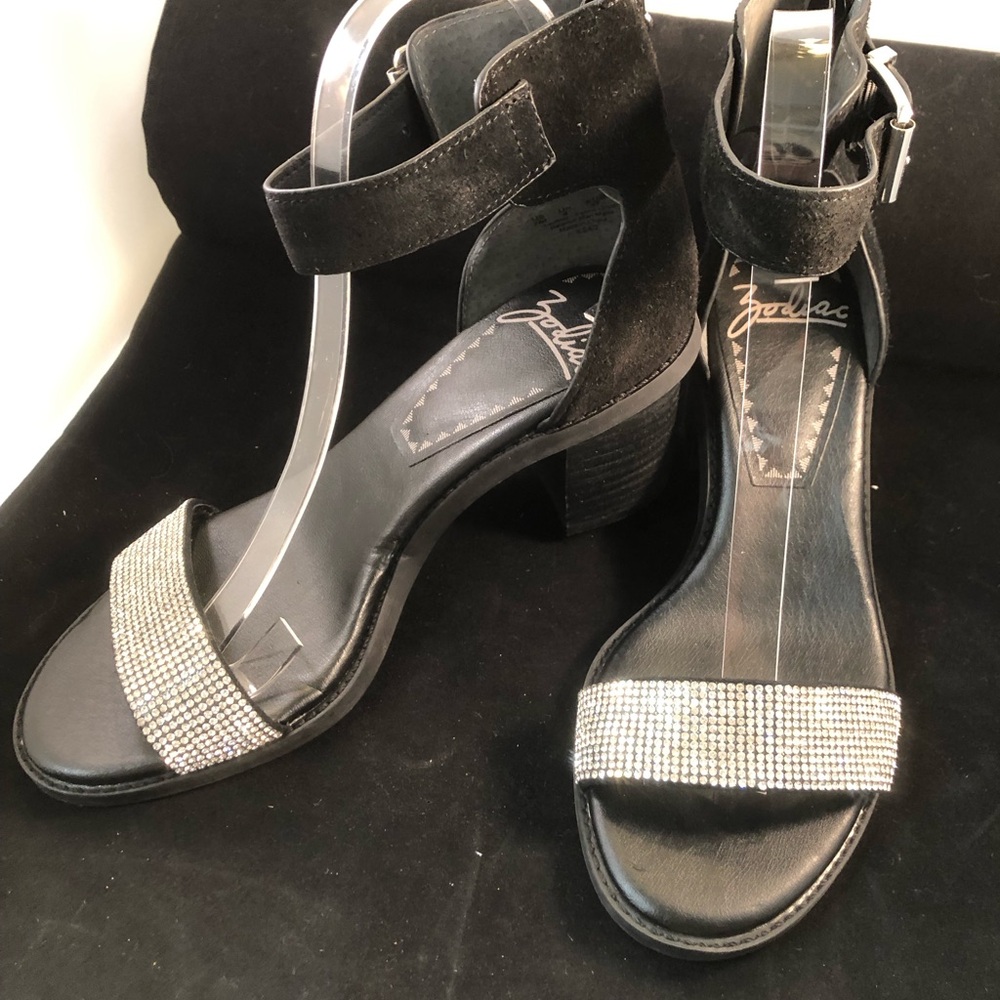 Zodiac Black Ankle Strap Heels with Rhinestone Toe Band